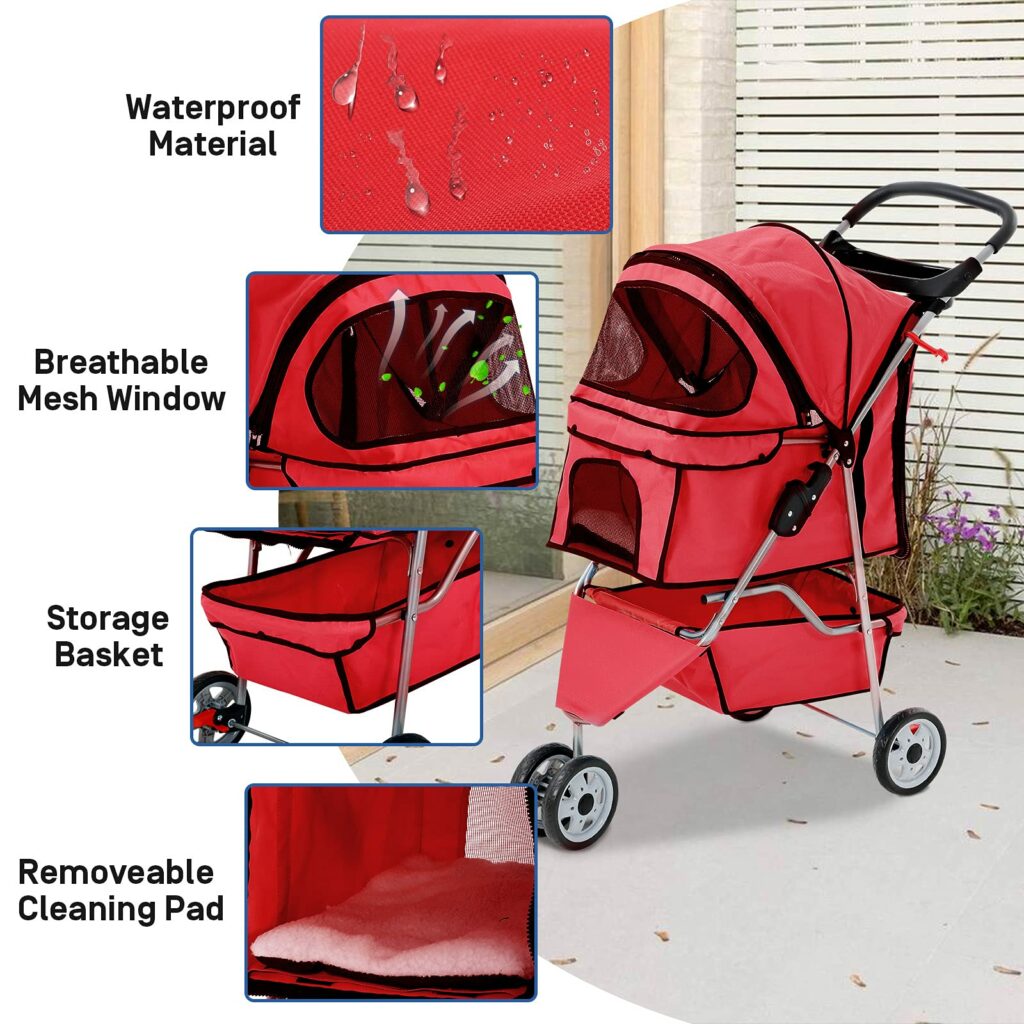 KNine 3Wheel Foldable Red Pet Carrier, Cat & Dog Stroller Pawfect Way