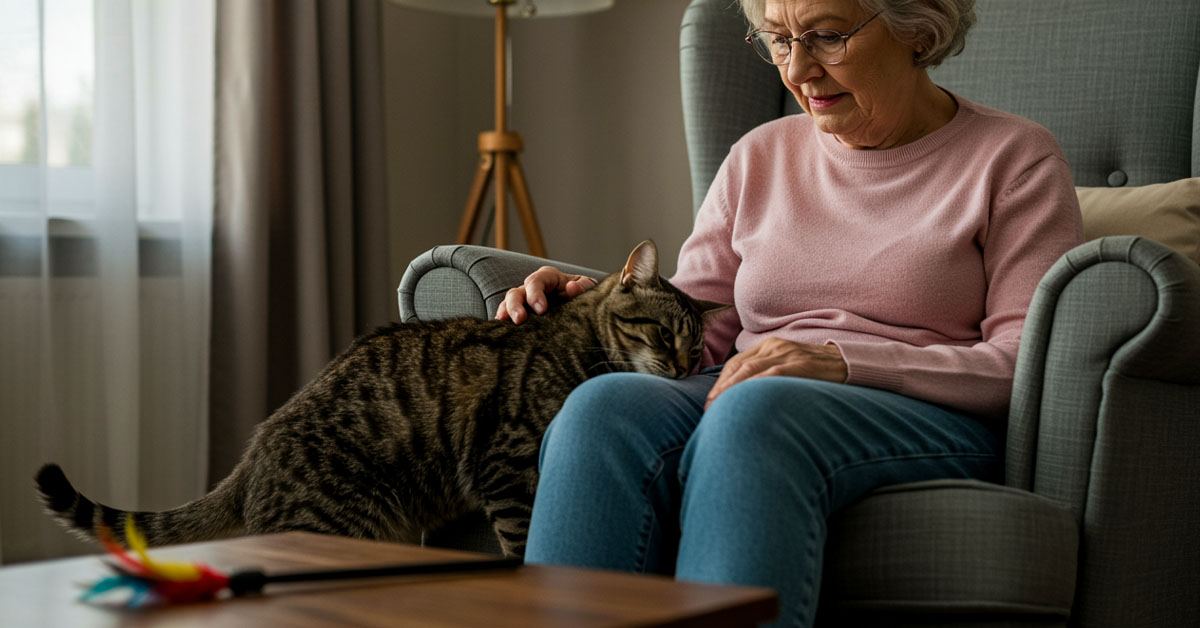 A cat mid-pounce on a spinning feather toy, body stretched out and fully engaged, with a sunlit living room in the background.